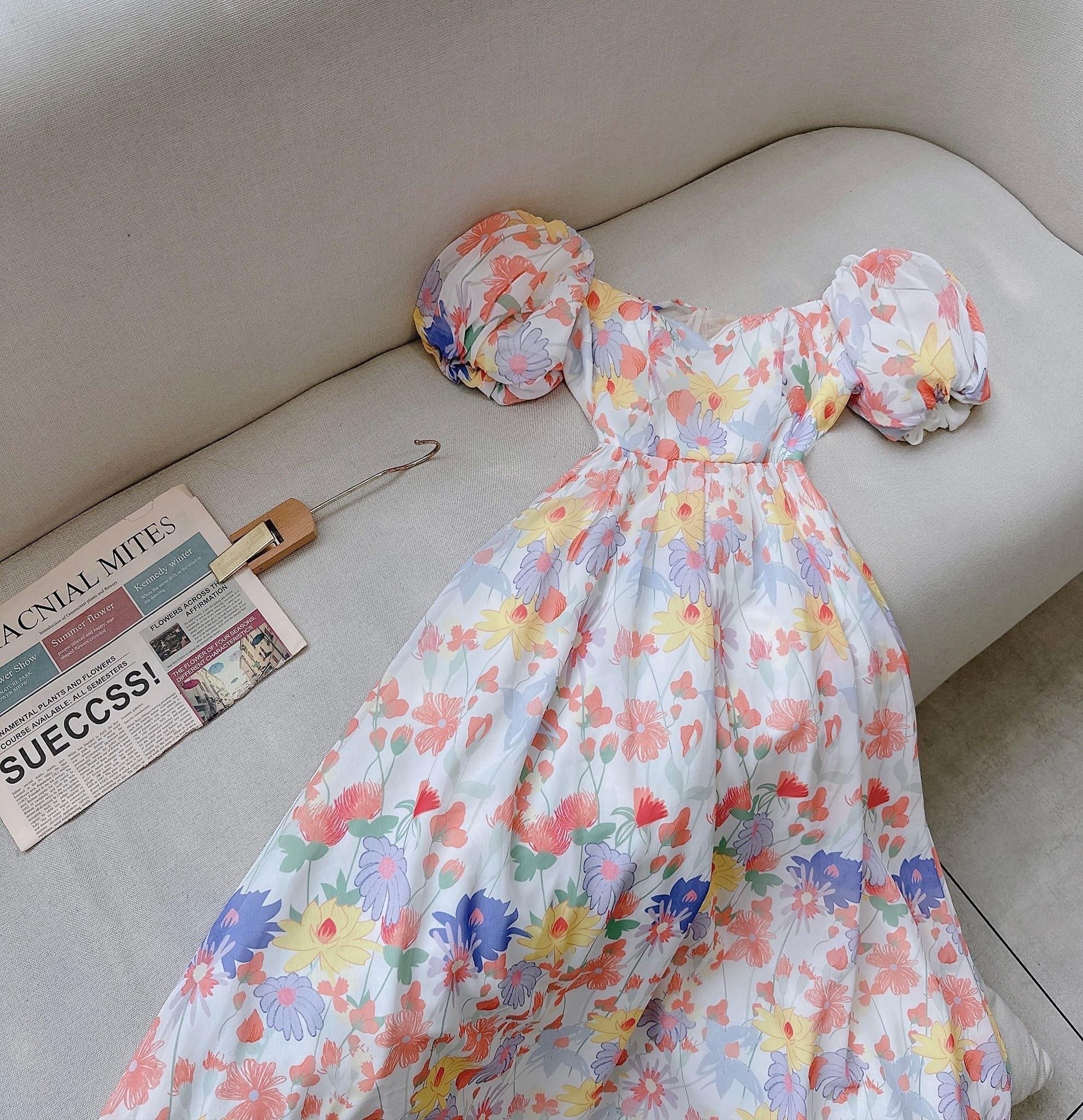 ĐẦM DÀI HOA MAXI ĐI BIỂN CỔ U DÂY LƯNG SUÔNG XÒE MIDI FLORAL DẠO PHỐ DỰ TIỆC