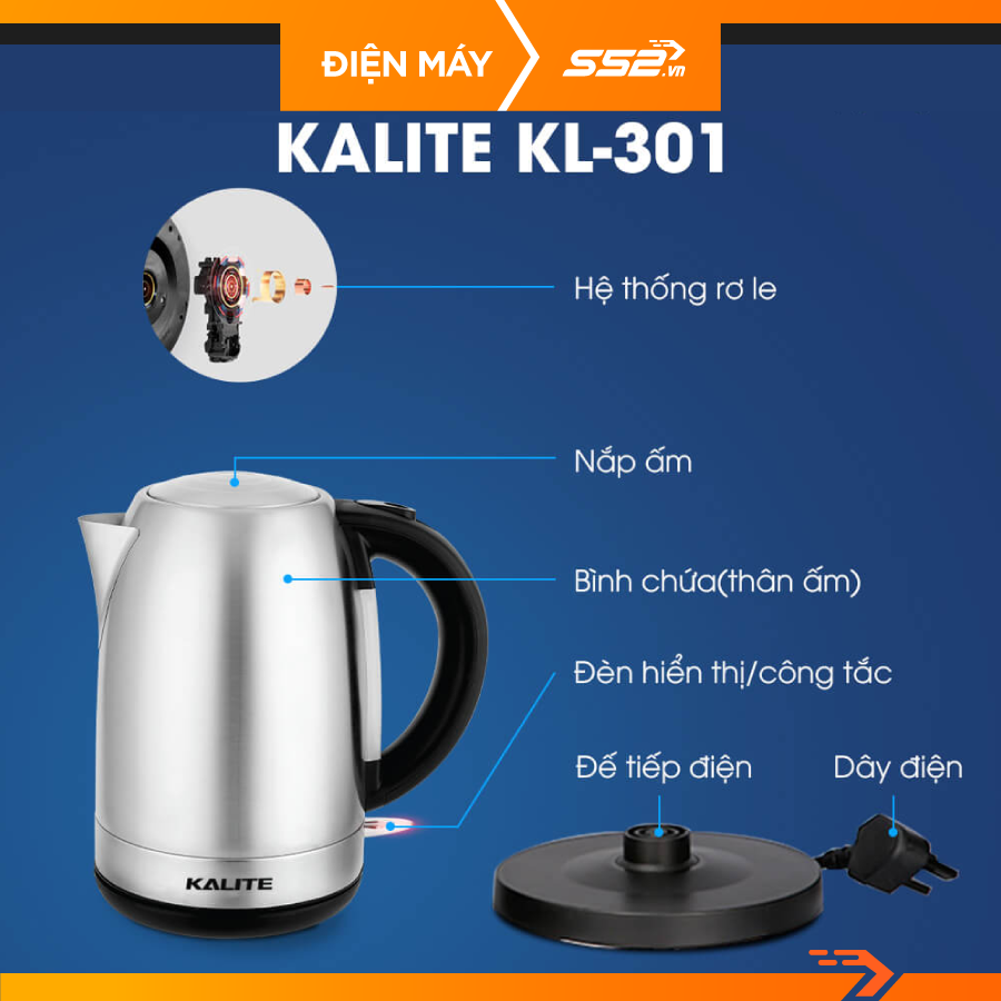 Bình siêu tốc Kalite KL 301 dung tích 1,7L đun siêu tốc 3 phút, tự ngắt điện an toàn- Hàng chính hãng