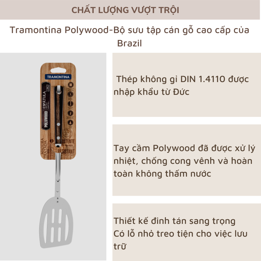 Xẻng Xào Tramontina Cán Gỗ Polywood 35cm Thép Không Gỉ Nhập Khẩu Brazil