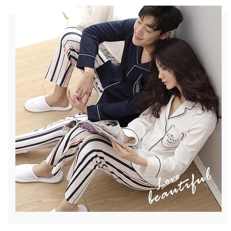 Bộ pyjama nữ vải thun cotton áo trắng Life style họa tiết kẻ sọc