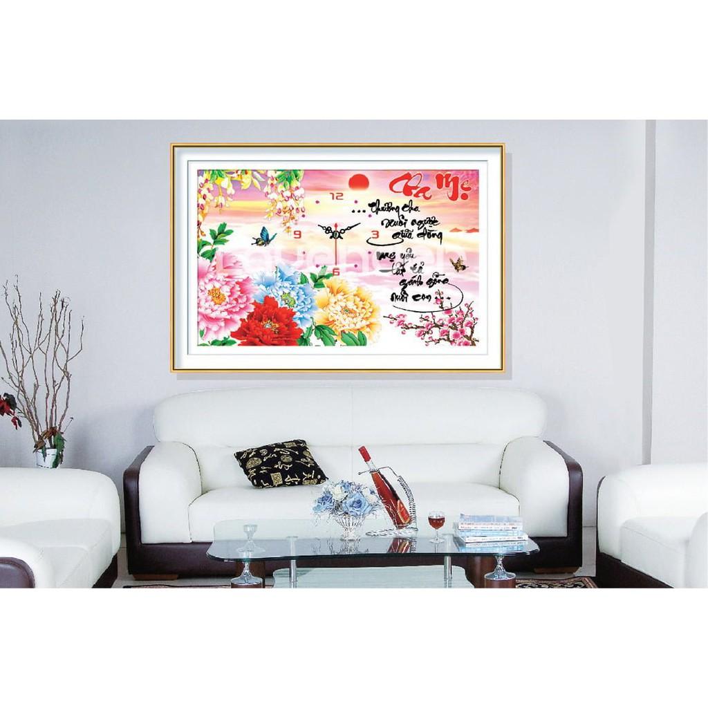 Tranh thêu cha mẹ mẫu đơn đồng hồ LV3116 - kích thước: 60 * 42cm.