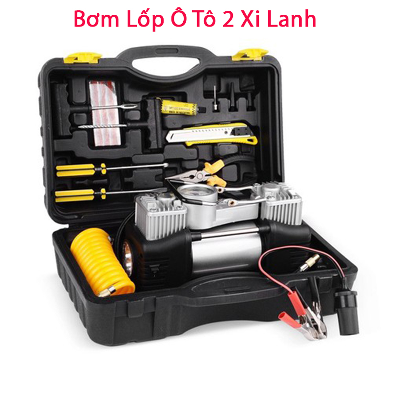 Bơm Lốp Ô Tô 2 Xi Lanh Công Suất Lớn - Có Dồng Hồ Đo Áp Suất, Đèn Chiếu Sáng