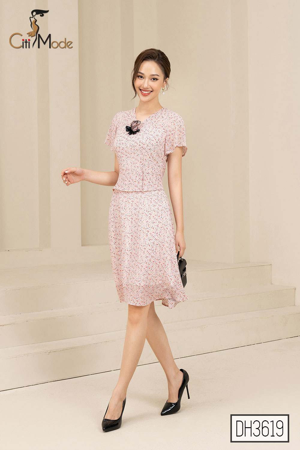 Đầm xòe peplum hồng hoa nhí công sở CITI MODE cổ V tay ngắn chất Voan cao cấp DH3619
