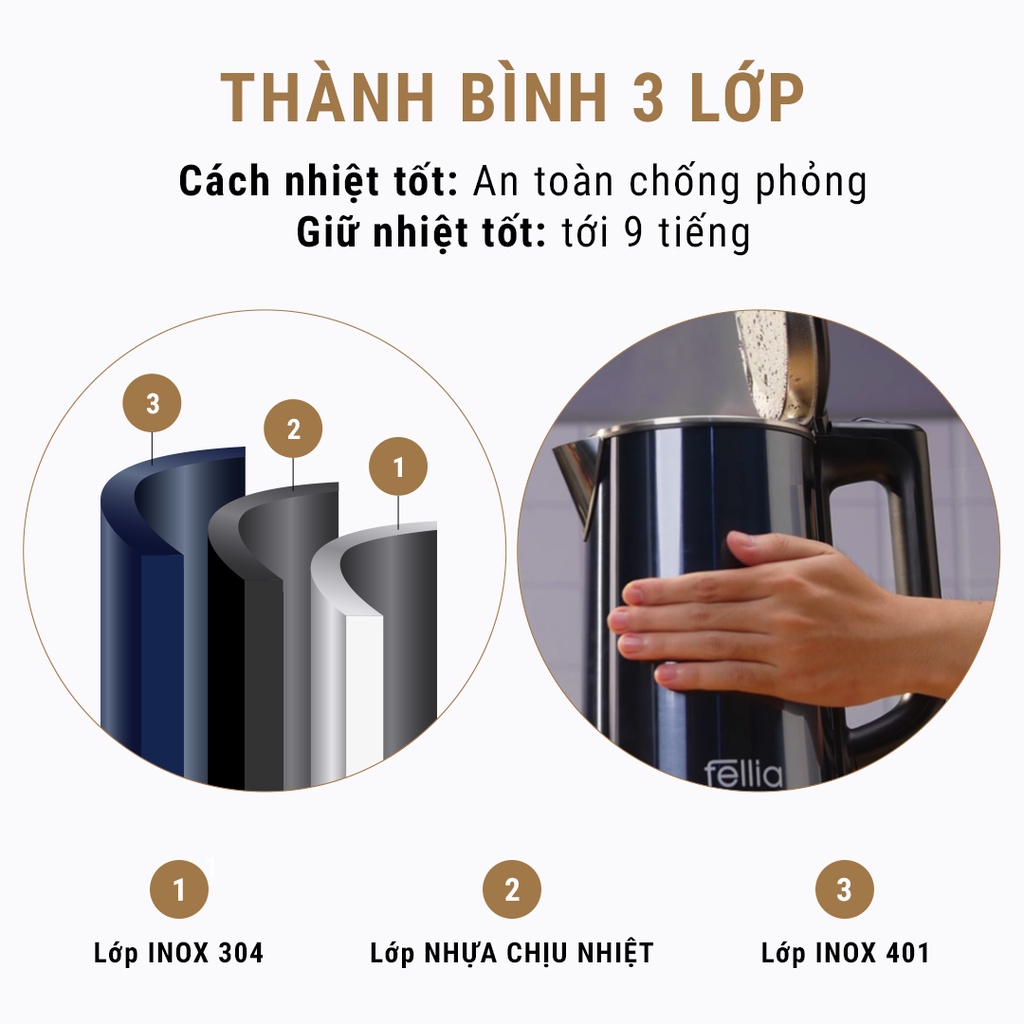 Ấm đun siêu tốc 3 lớp Fellia K161 (1.8 Lít)- ( màu xanh đen) -Hàng Chính Hãng