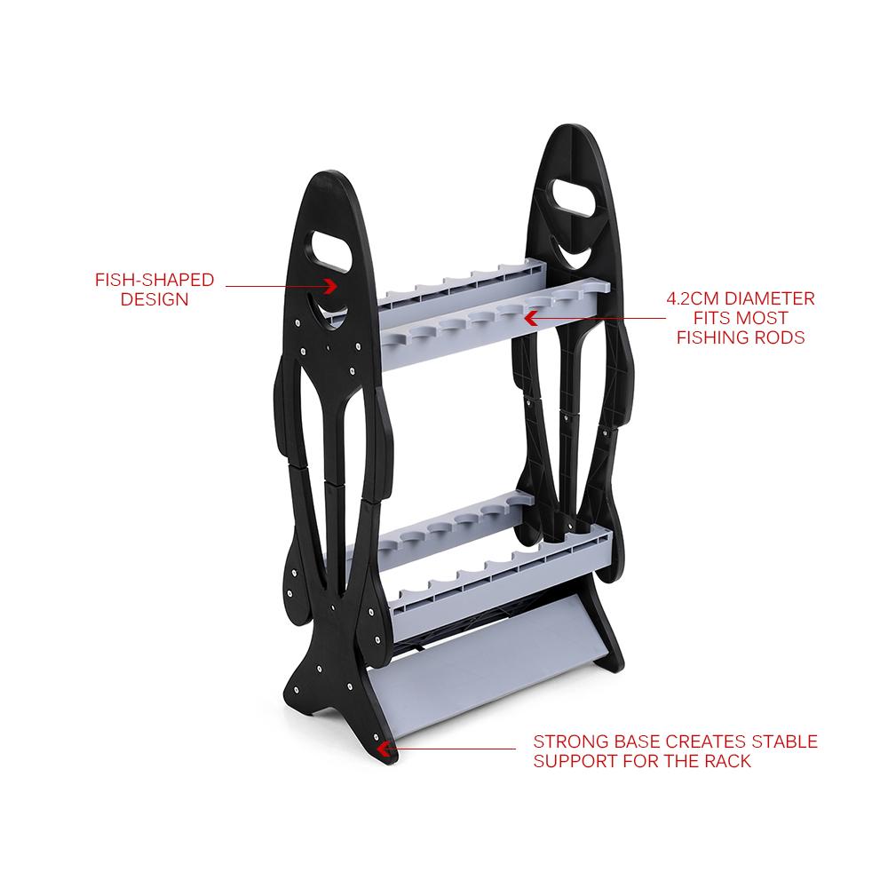 Giá đỡ cần câu hình dạng con cá, có 16 chỗ để, được làm bằng nhựa chất lượng cao, nhẹ và bền