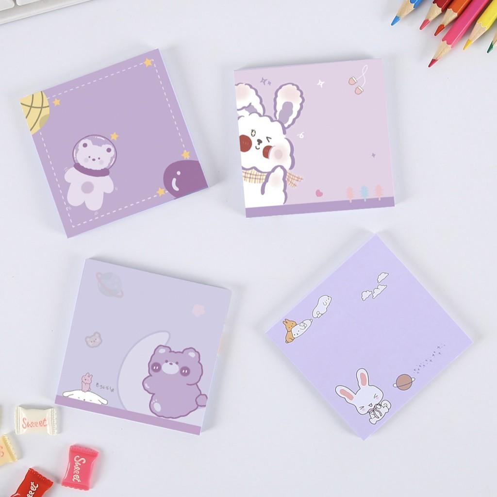 Set 50 Tờ Giấy Note, Giấy Ghi Chú Tone Tím Pastel Hoạ Tiết Gấu Thỏ Dễ Thương ST354