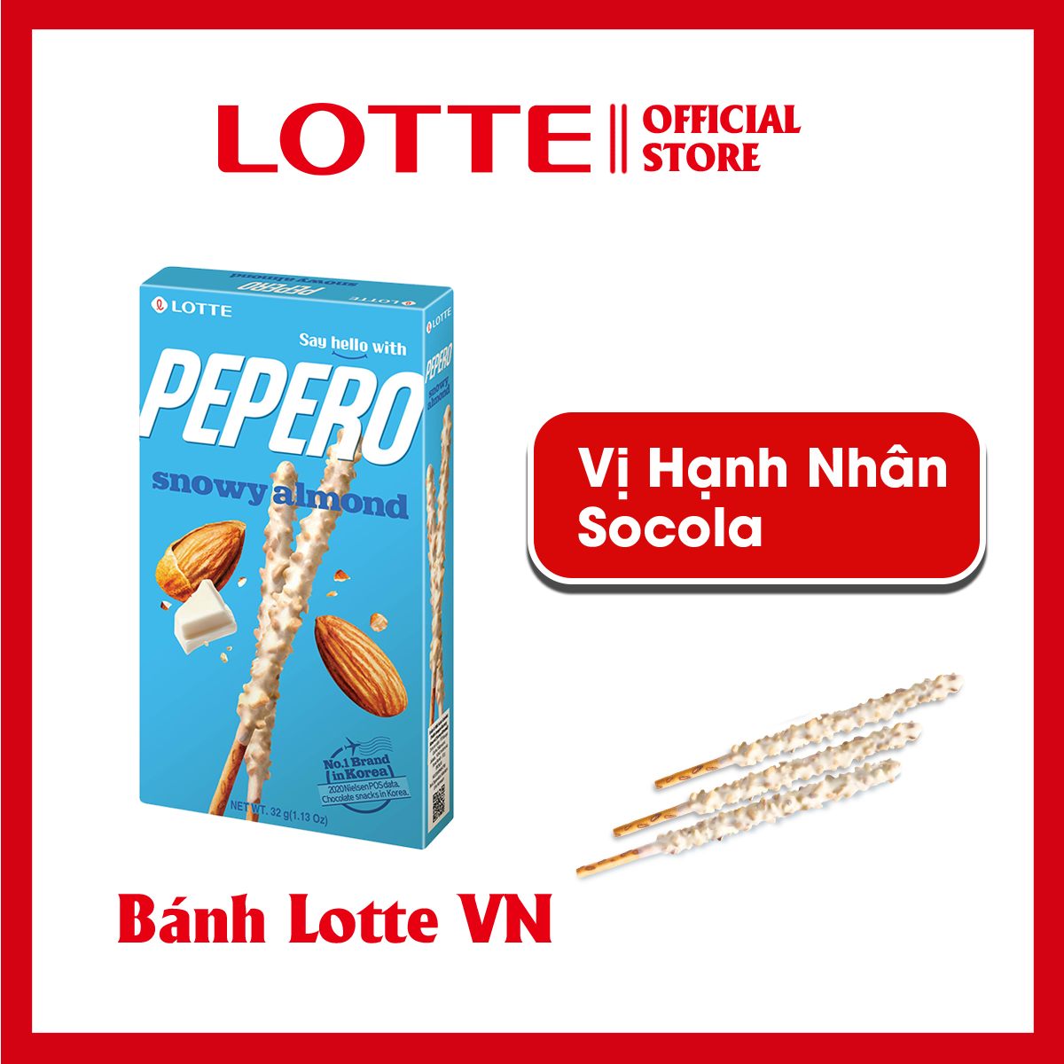 [SỈ/LẺ] Bánh que Lotte Pepero vị Sô cô la trắng hạnh nhân Snowy Almond