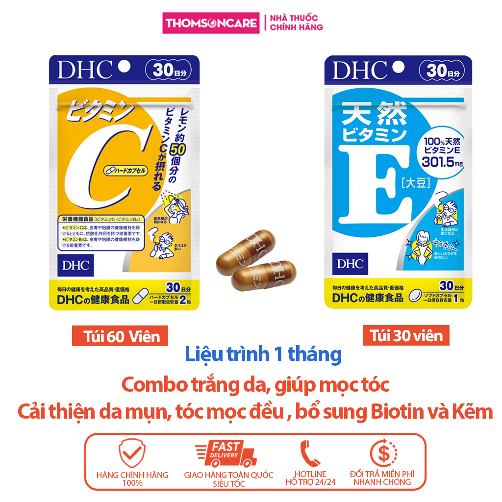 Viên uống sáng da, giảm lão hóa Combo DHC Vitamin C 60v và DHC Vitamin E Nhật Bản 30v - Giúp bổ sung Vitamin E và C cần thiết cho cơ thể Thomsoncare