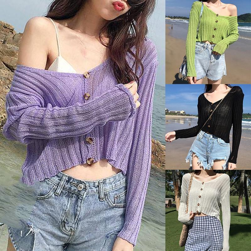 Áo Cardigan dệt kim mỏng tay dài cổ chữ V chống nắng