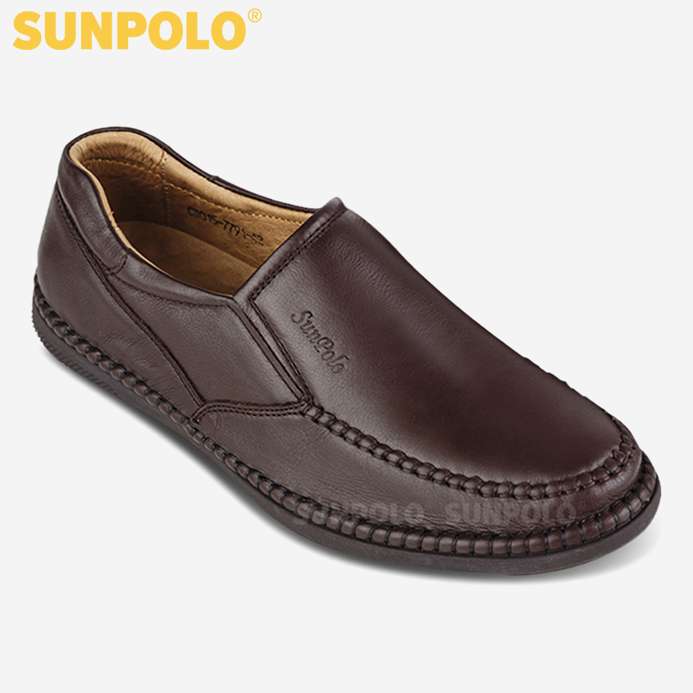 Giày mọi nam da bò đế cao su mũi tròn SUNPOLO MOI015 có big size 45 46