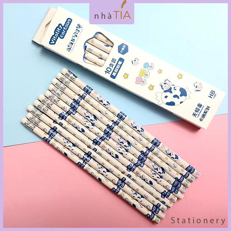 Set 10 Bút Chì Gỗ HB Kèm Tẩy Họa Tiết Hoạt Hình Cute Dễ Thương Cho Học Sinh Viết Chì Học Tập