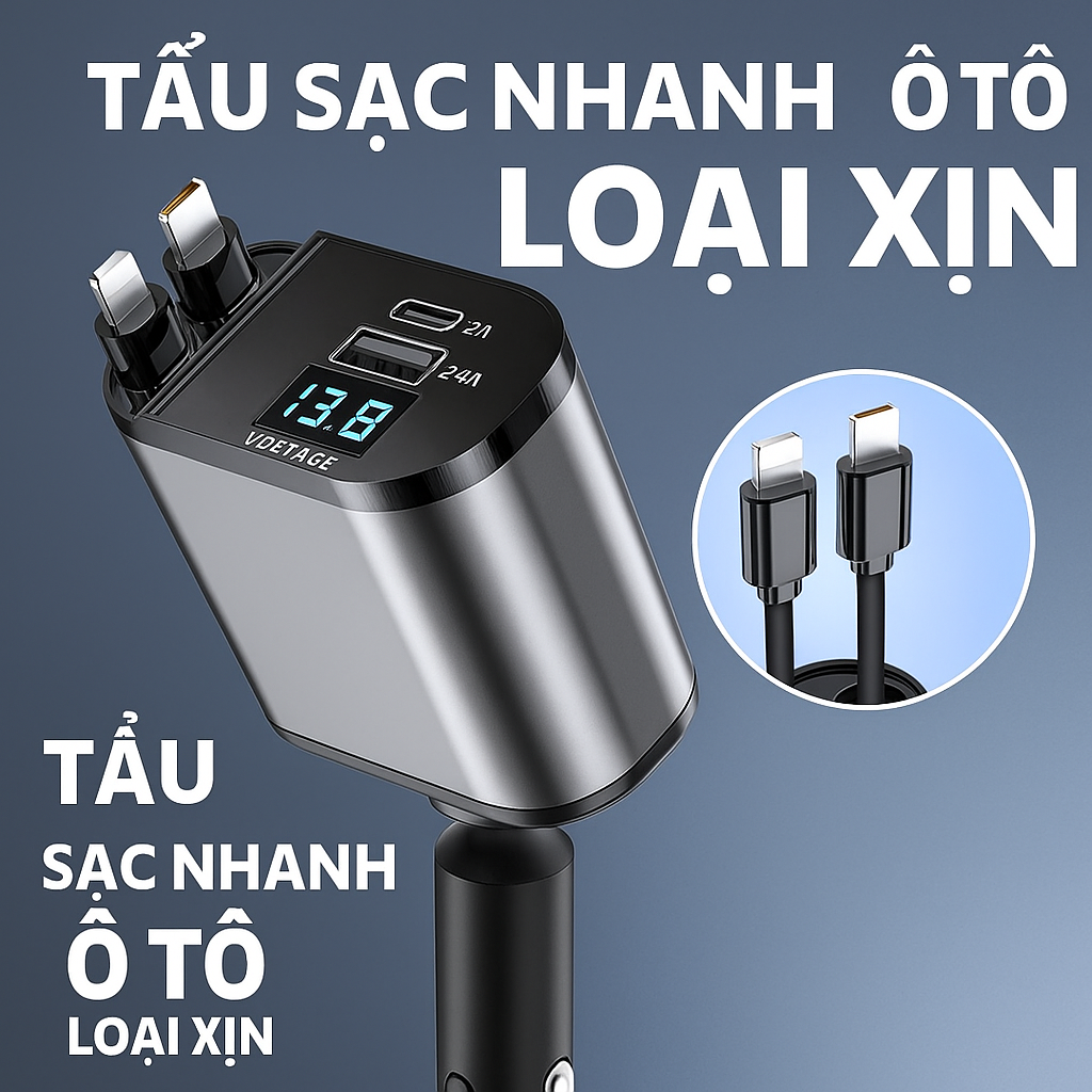 Tẩu Sạc Ô Tô Thông Minh – 120W Siêu Nhanh, Màn Hình LED Báo Điện Áp, d