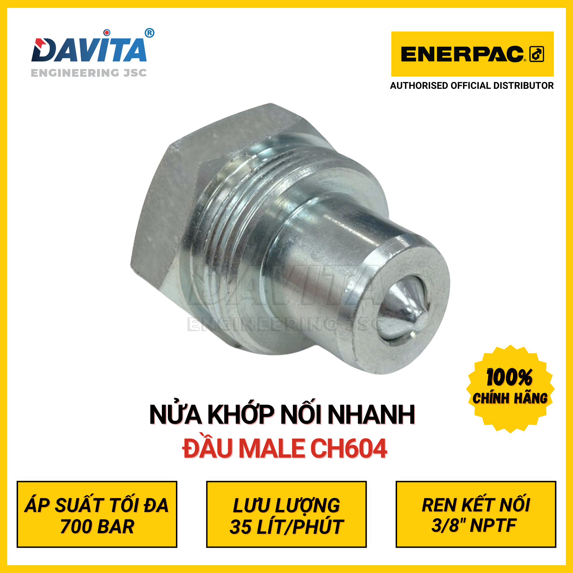 CH604 Nửa khớp nối nhanh đường dầu thủy lực áp tối đa 700bar, 1 đầu Đực (Male half) để nối với CR400, 1 đầu ren trong 3/8&quot; NPTF Female