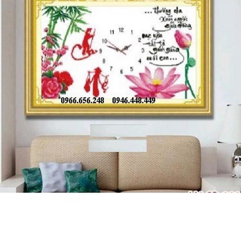Tranh thêu chữ thập đồng hồ cha mẹ hoa sen 222884