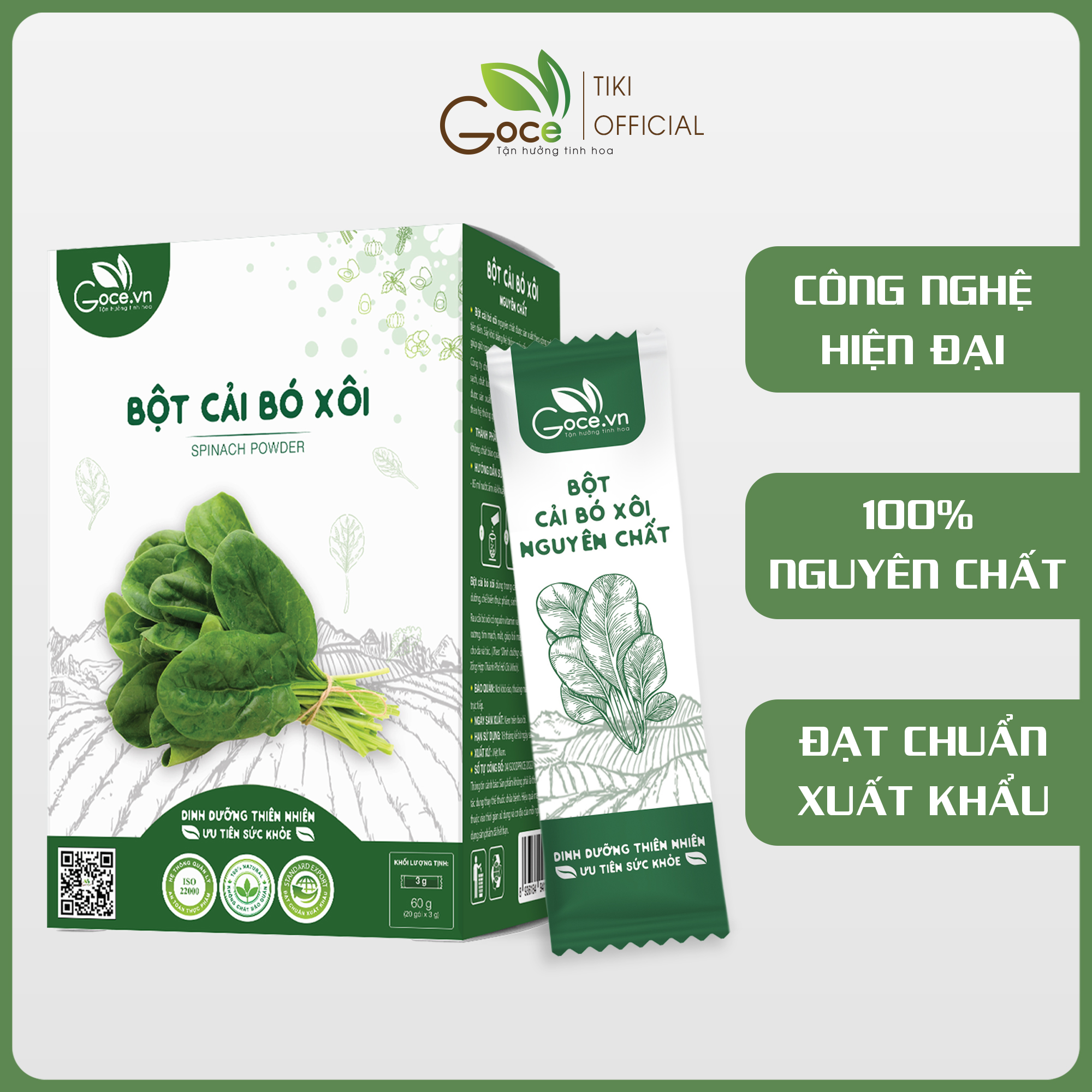 Bột cải bó xôi nguyên chất Goce (Rau Bina) - 60g (20 gói x 3g)