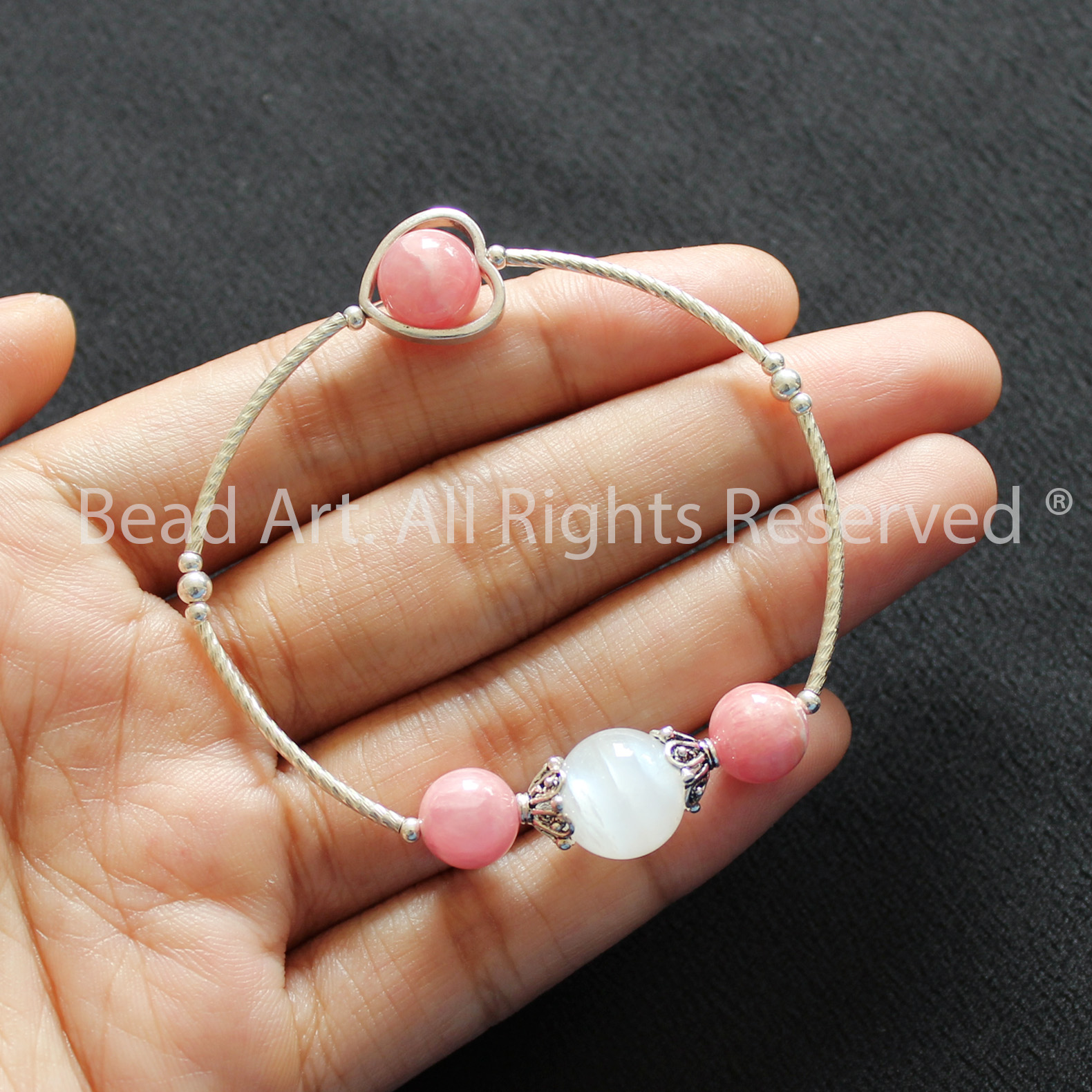 Vòng Tay Đá Đào Hoa Và Moonstone Tự Nhiên Và Bạc 925, Vòng Tay Phong Thuỷ, Chuỗi Hạt - Bead Art