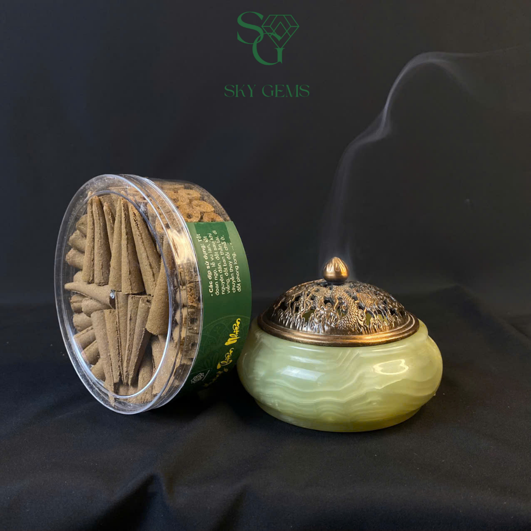 Lư Xông Trầm Ngọc Onyx Xanh và Trắng – Cao 7cm, Đường Kính 10cm – Khói Đẹp, Bền, Sang Trọng
