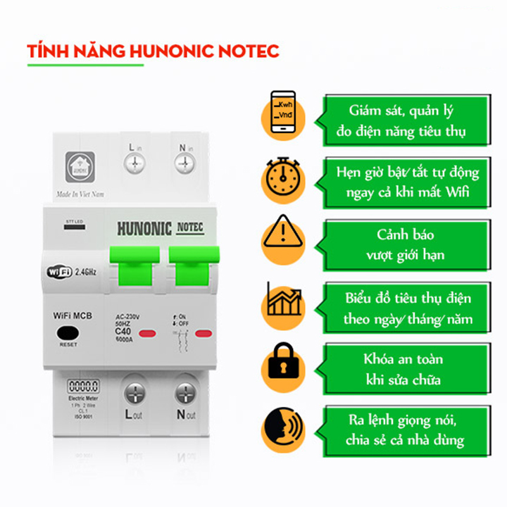 Aptomat thông minh - ĐIỀU KHIỂN TỪ XA - Đo điện năng - Hunonic Notec 40A 63A 80A - Công nghệ 4.0