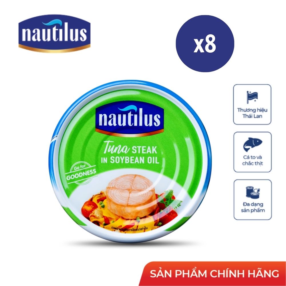 Combo 8 lon Cá Ngừ Nautilus xắt khúc ngâm dầu đậu nành (NK Thái Lan)