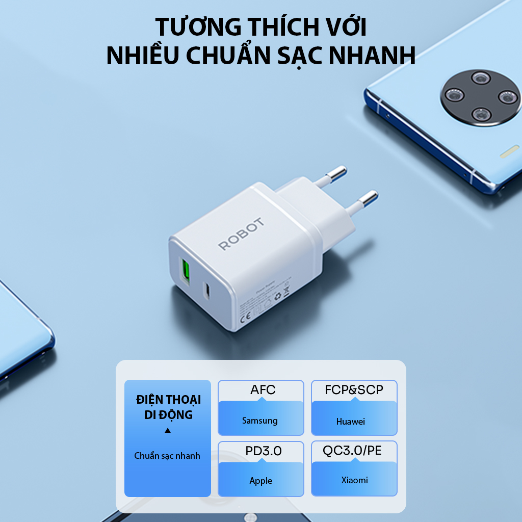 Củ Sạc Nhanh ROBOT RT-F5 2 cổng sạc USB Và Type C Công Suất 20W Sạc Nhanh PD/QC 3.0 HÀNG CHÍNH HÃNG