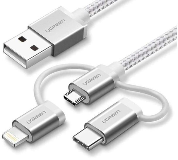 Phụ kiện Cáp sạc dữ liệu 3 trong 1 USB Micro/Type-C/ dài 1,5M/cổngL.i.g.h.t.n.i.n.g Ugreen 50203-Hàng chính hãng