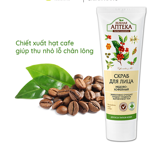 Tẩy tế bào chết nhẹ dịu cho da mặt Zelenaya Apteka chiết xuất Mật ong và Cafe 75ml