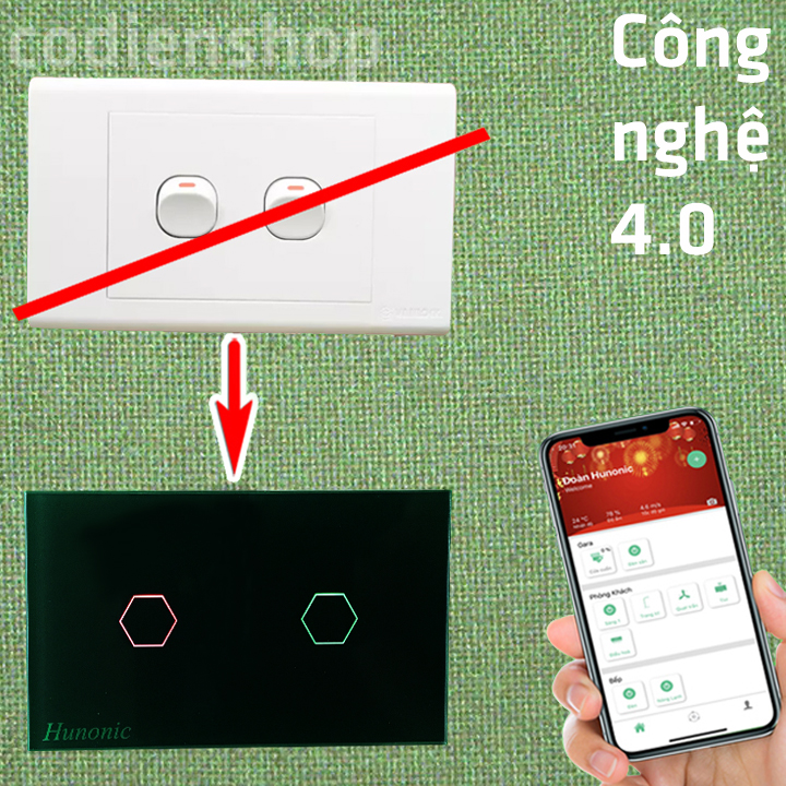 Công tắc cảm ứng [ĐIỀU KHIỂN TỪ XA] bằng điện thoại HUNONIC 2 Nút màu đen + HẸN GIỜ THÔNG MINH | Công nghệ 4.0