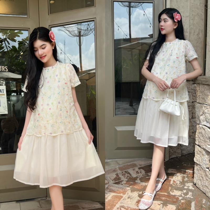 Đầm bầu thêu hoa cổ xếp bèo váy voan liền thân xinh xắn cho mẹ mang bầu và sau sinh - Kem