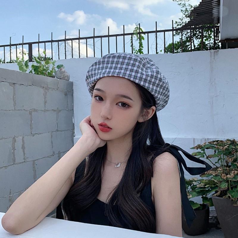 Mũ beret họa tiết ca rô phong cách Hàn Quốc đơn giản xinh xắn dành cho nữ