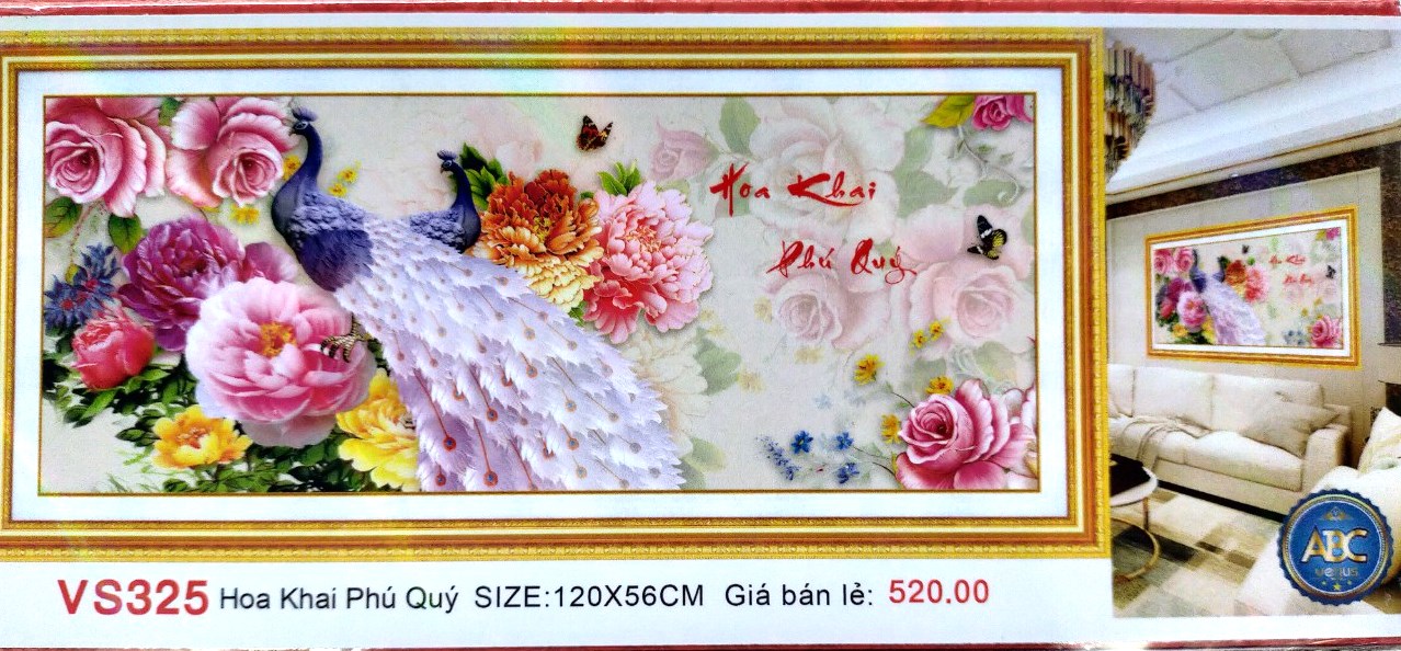 Tranh đính đá hoa khai phú quí VS325 - 120 x 56 cm - chưa đính