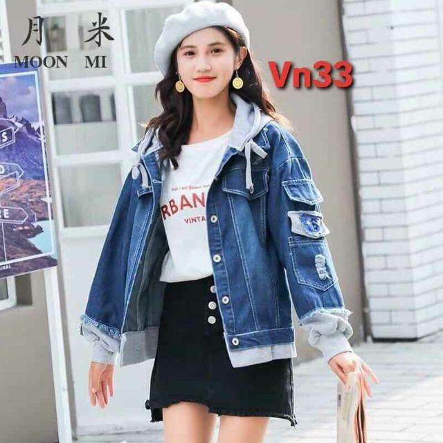 Áo khoác jeans phối nón nỉ xám nam nữ