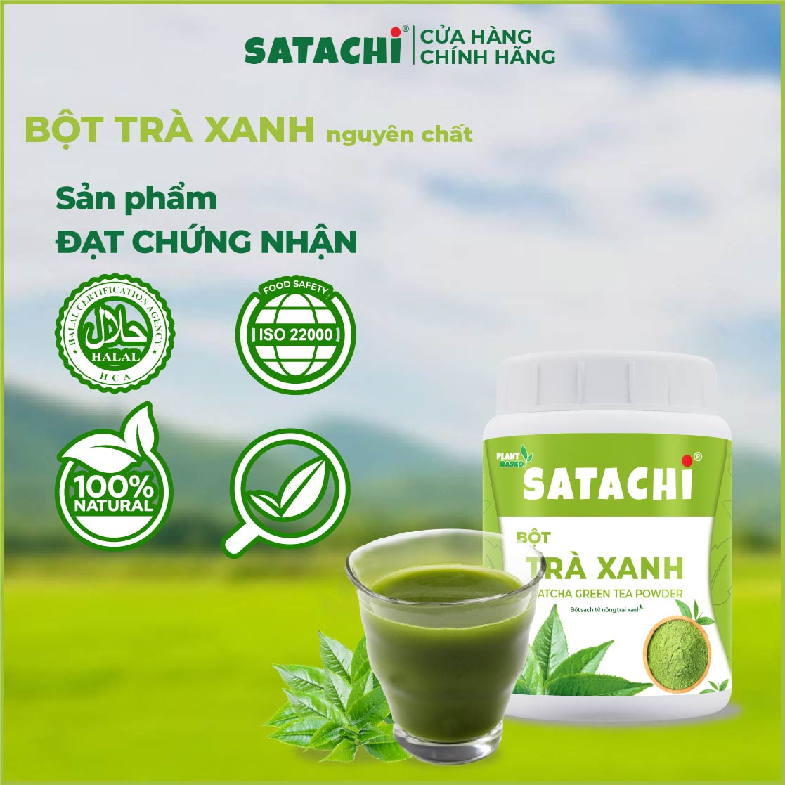 Bột Trà Xanh Nguyên Chất SATACHI – 100% lá trà xanh tự nhiên, không đường – Hộp 98g