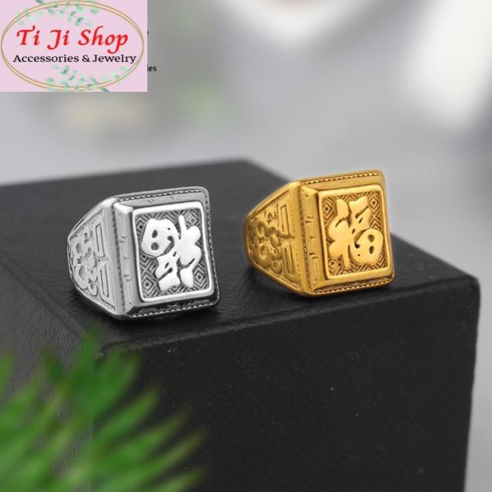 Nhẫn Inox cao cấp chữ Phước màu vàng siêu đẹp, bền màu - tặng hộp - Đeo tay vạn sự may