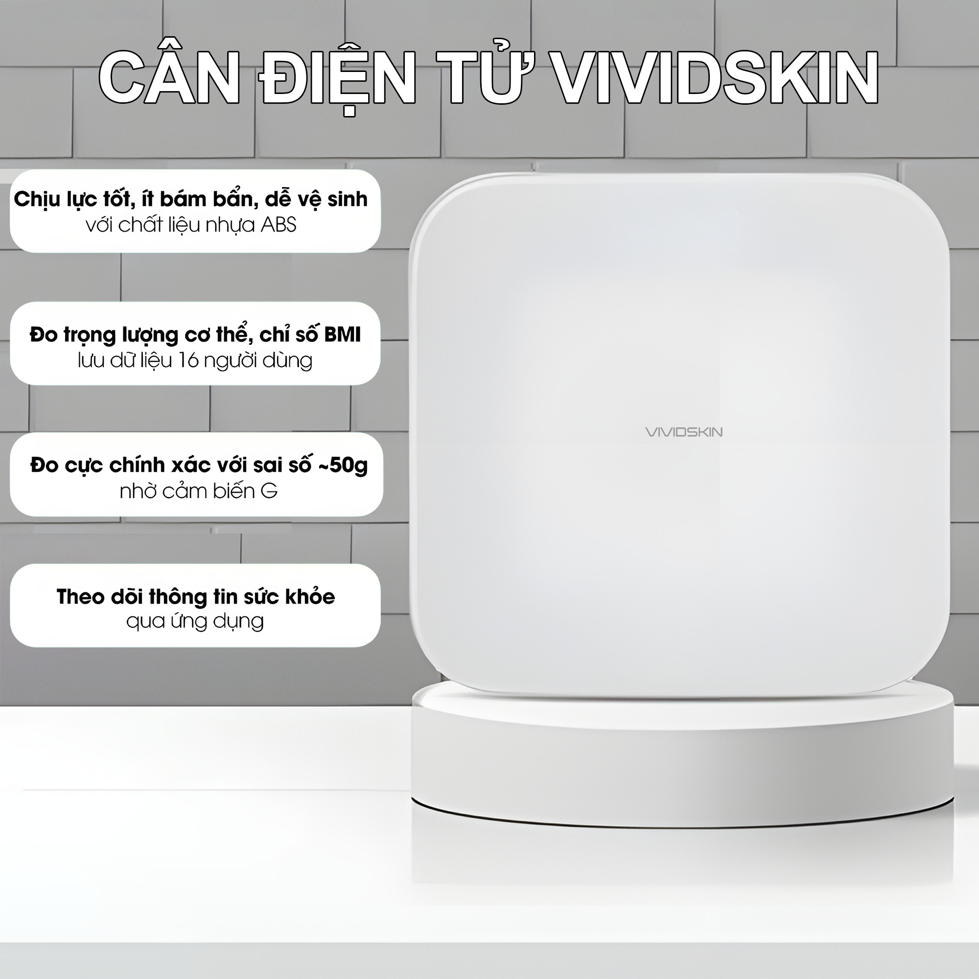 Cân điện tử kết nối Bluetooth 5.0 Vivid Skin phân tích chỉ số cơ thể, cân điện tử sức khỏe phân tích BMI