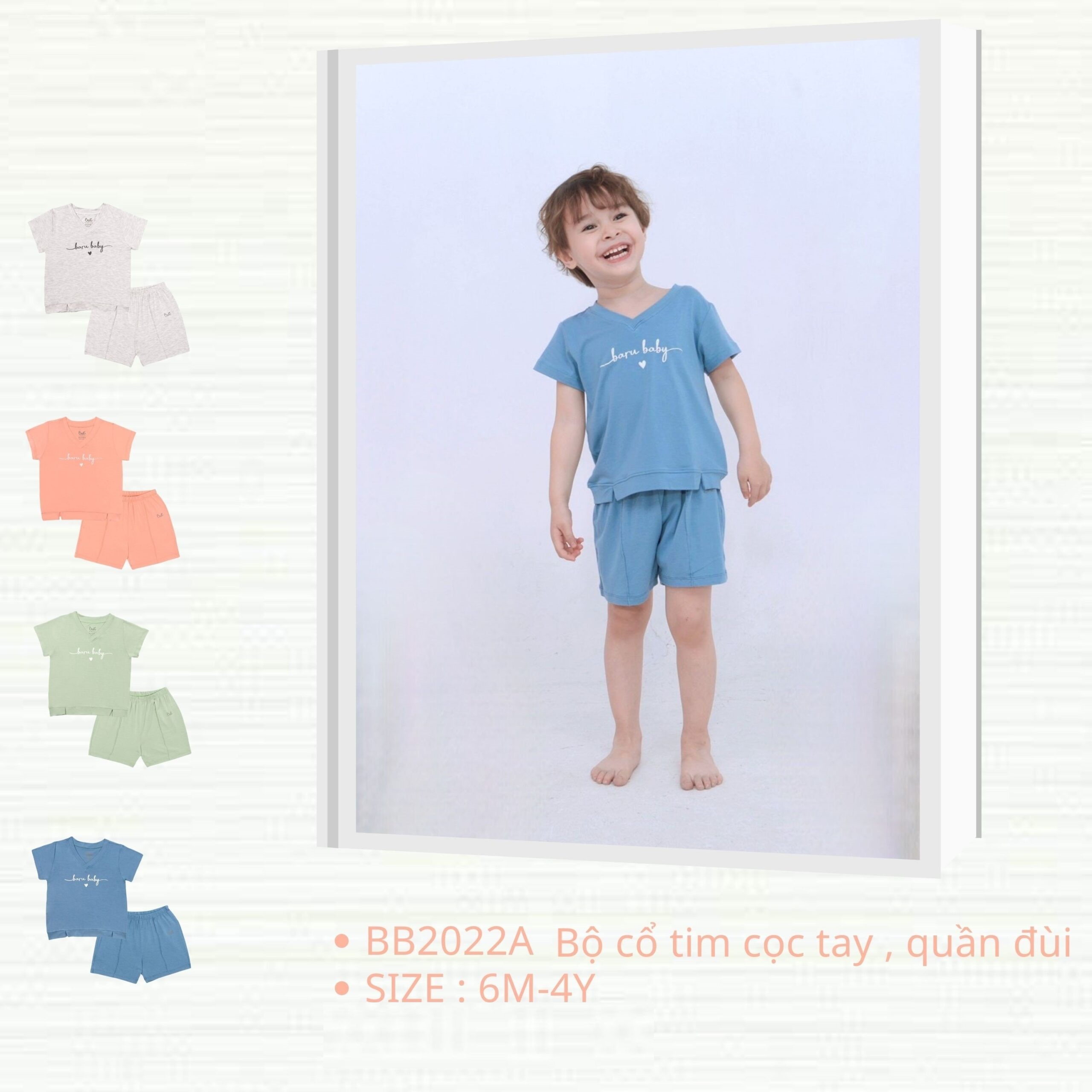 Bộ cộc tay cổ tim  BARU ,cotton 2 chiều in chữ nổi cho bé  thời trang trẻ em ( 6M-4Y )