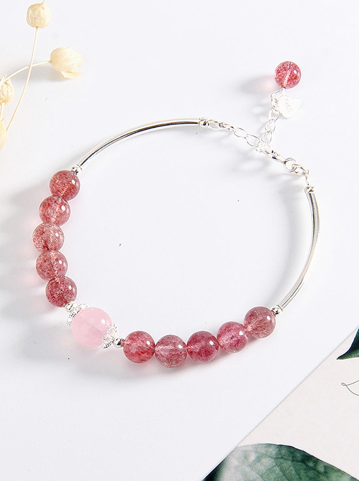 Vòng tay đá thạch anh dâu phối charm ống bạc mệnh hỏa, thổ - Ngọc Quý Gemstones