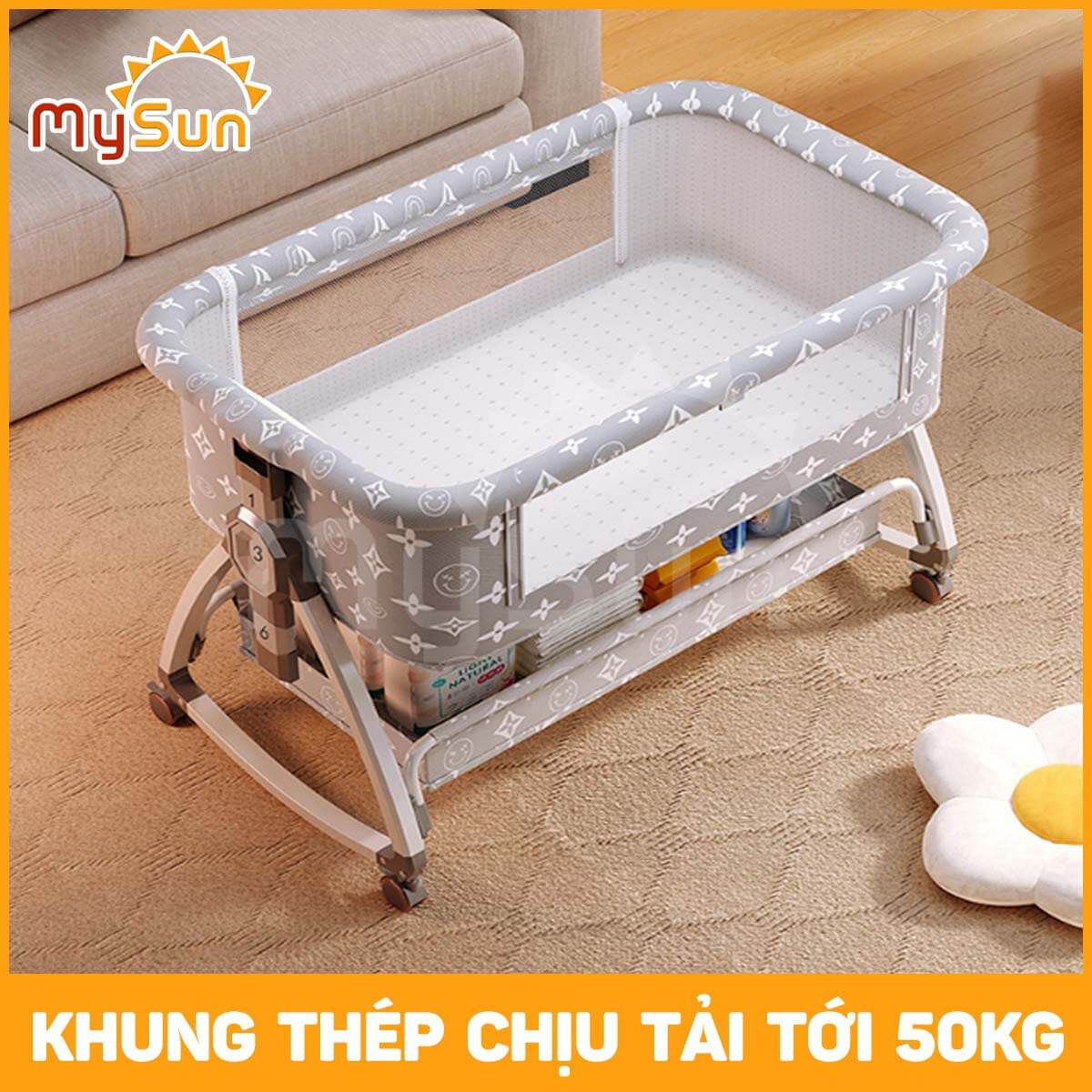 Nôi cũi cho em bé sơ sinh ghép chung giường ngủ gấp gọn Luxury MySun