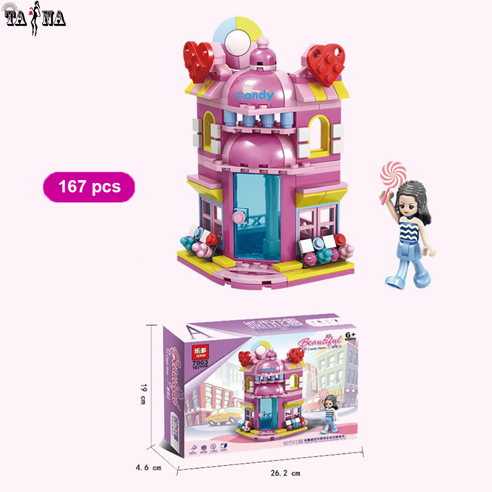 Đồ chơi lắp ráp mô hình cô gái, cửa hàng, nhà phố hiện đại