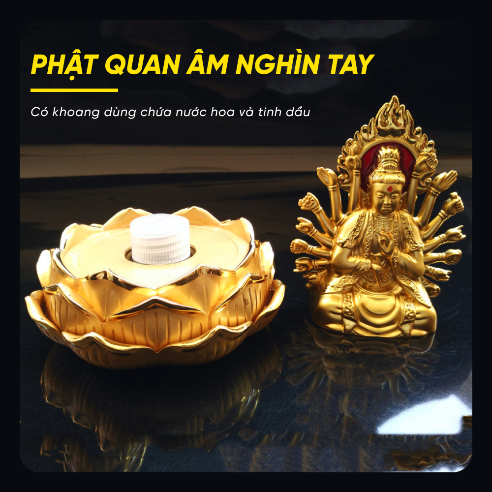 Tượng Phật Bà Quan Âm Nghìn Tay Hai Mặt Trang Trí Taplo Xe Hơi, Bàn Làm Việc Mạ Vàng