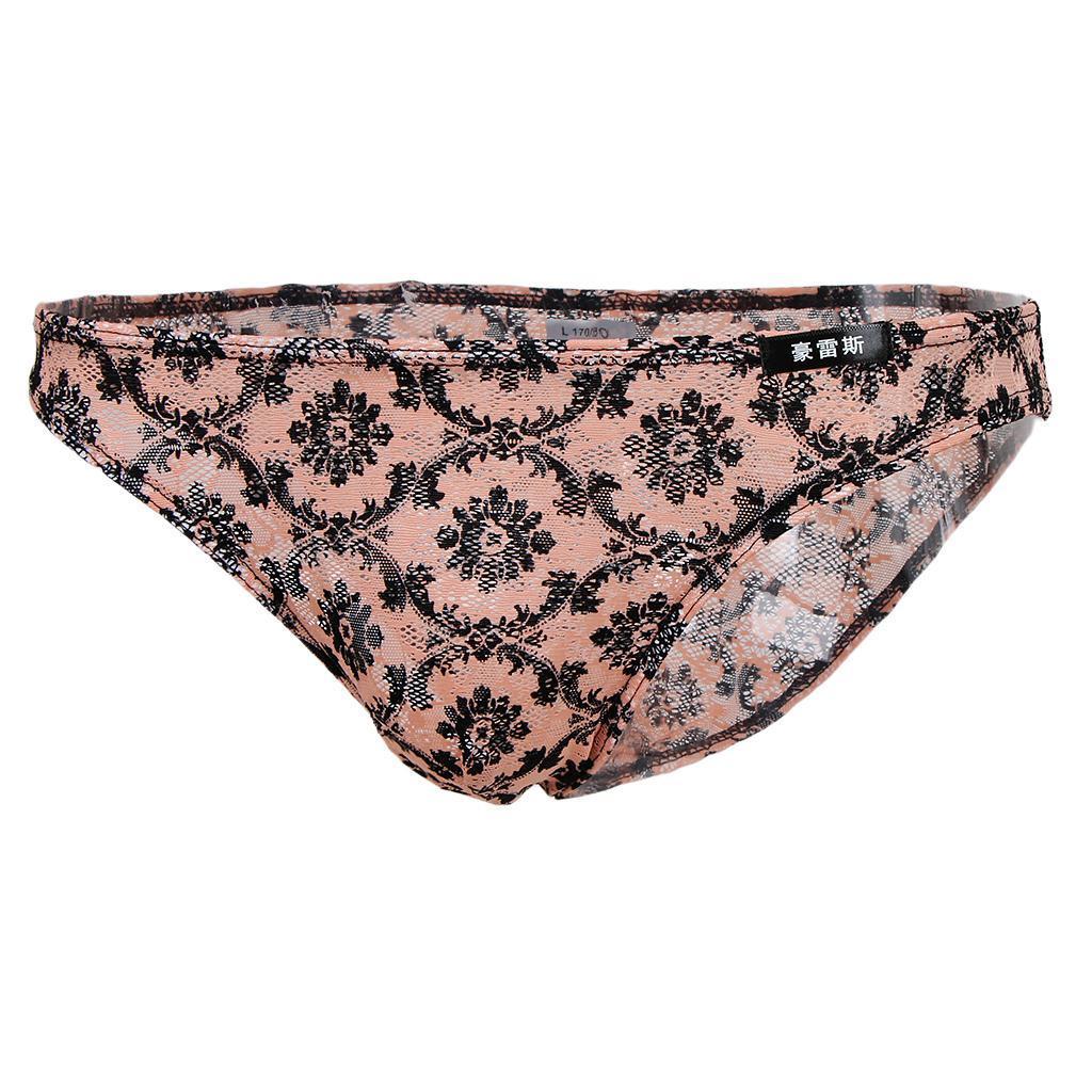 Men's Sissy Sheer Lace Briefs Floral Geometric Patterns Underwear - Orange, L
