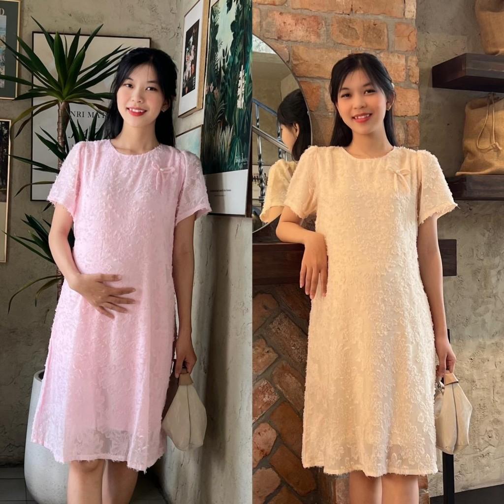 Đầm bầu tơ thêu nổi phom suông cách điệu đính nơ xinh xắn đi chơi, dự tiệc Nữ Women - Hồng