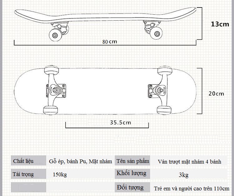 Ván Trượt Mặt Nhám Skateboard Chuẩn Thi Đấu, Mặt Nhám Bánh PU + Khung Hợp Kim Nhôm