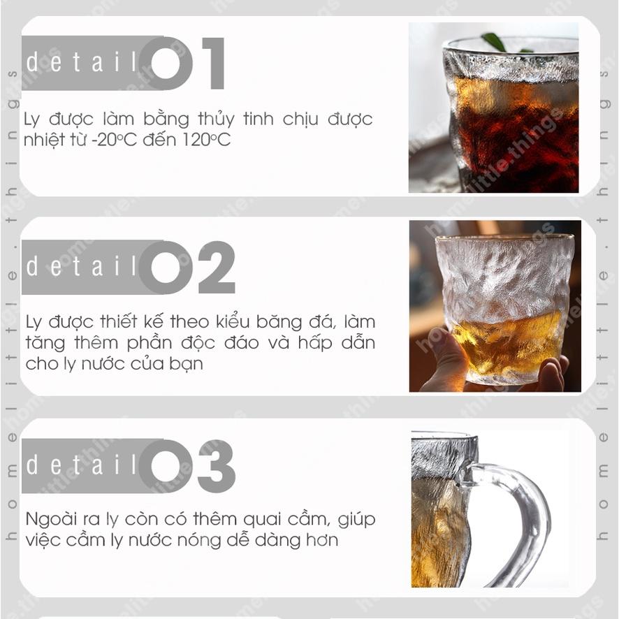 Ly cốc thủy tinh uống nước, cà phê vân băng đá độc đáo có quai cầm