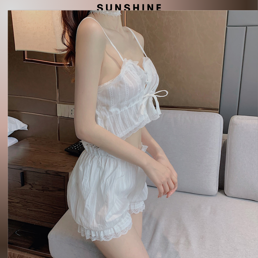 Bộ Đồ Ngủ- Mặc Nhà Quần Đùi Áo Croptop Hai Dây Ren Đũi Mỏng-SUNSHINE