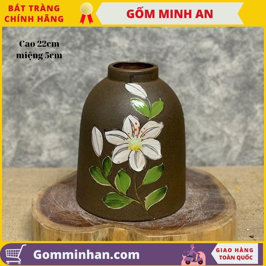 Bình Hoa Lọ Hoa Men Mộc Dáng Chuông Nhỏ H22 Vẽ Hoa Văn Thủ Công- Gốm Sứ Bát Tràng- Gốm Minh An