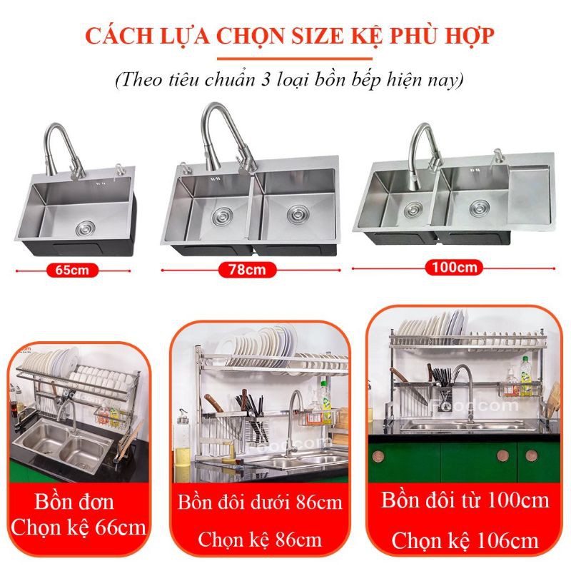 Kệ chén bát đa năng Foodcom kích thước 1-2 TẦNG  106 cm dùng cho bồn đôi bằng inox cao cấp không gỉ, để bát đĩa trên bồn rửa gọn gàng sàng sẽ, tiết kiệm không gian bếp