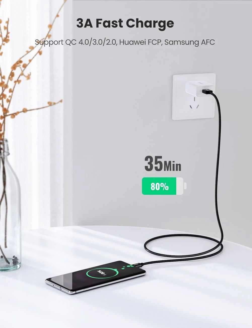 Ugreen 50878 3M màu đen cáp USB TYPE C ra A hỗ trợ sạc nhanh mạ vàng 24K US174  Hàng chính Hãng