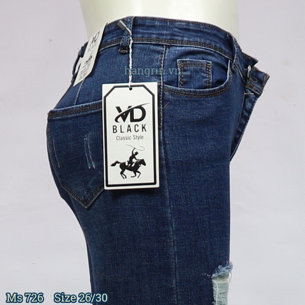 Quần Jean Nữ Lưng Cao Rách Màu Xanh Đậm Size 26-30 HR726
