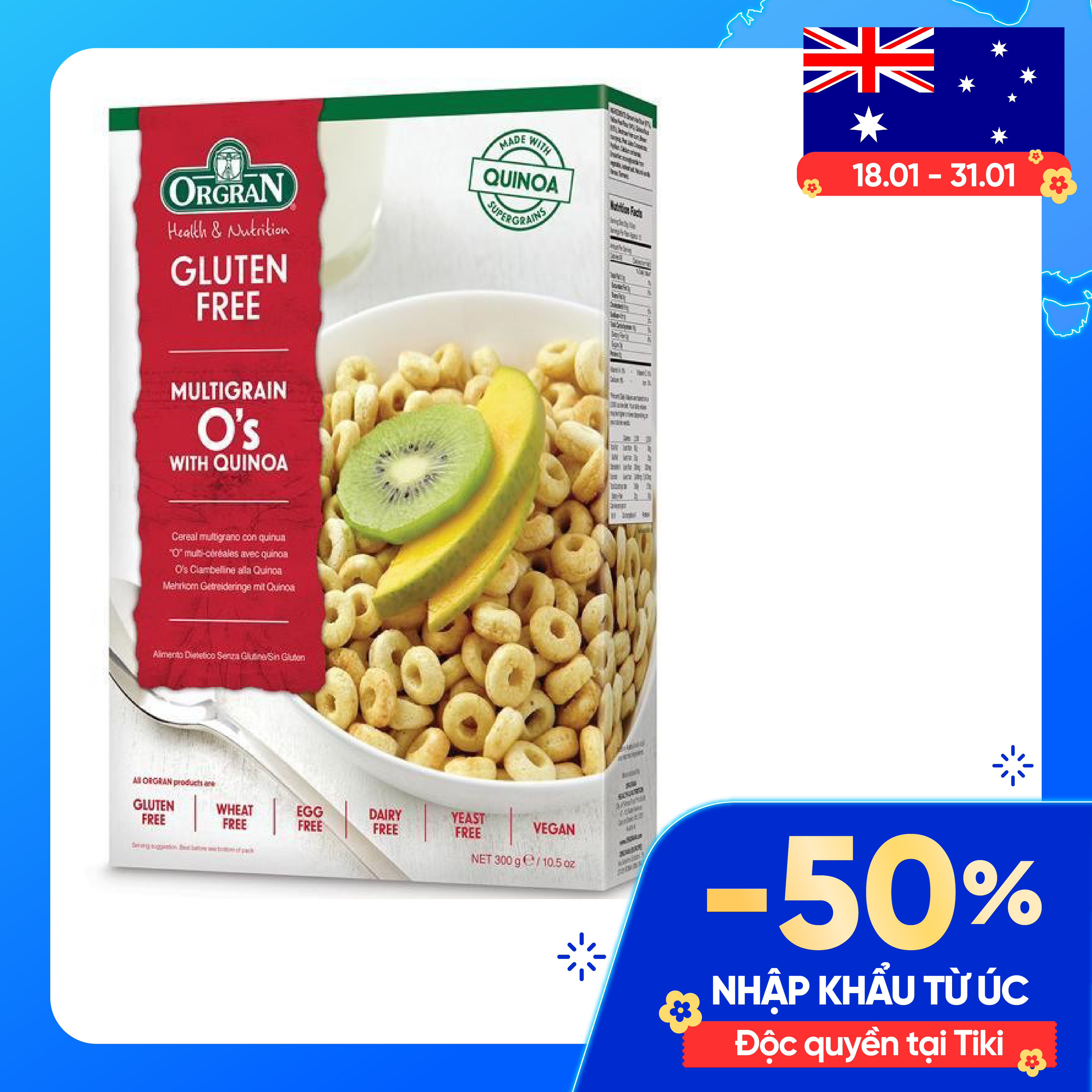 Ngũ Cốc Ăn Sáng Hỗn Hợp Với Hạt Diêm Mạch Orgran - GLUTEN FREE Multigrain O's with Quinoa - Hộp 300g