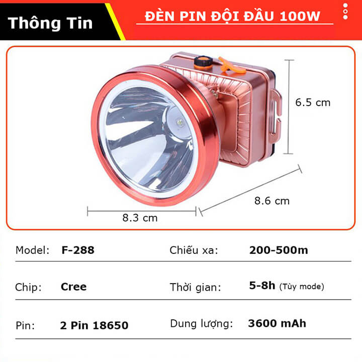 Đèn pin đội đầu 1 bóng siêu sáng chiếu xa 500m, công suât 100W, chống thấm nước IPX6, đèn đeo trán